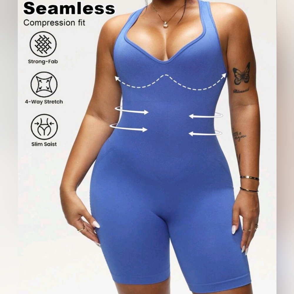 SHEIN Blue Compression Fit Workout Bodysuit